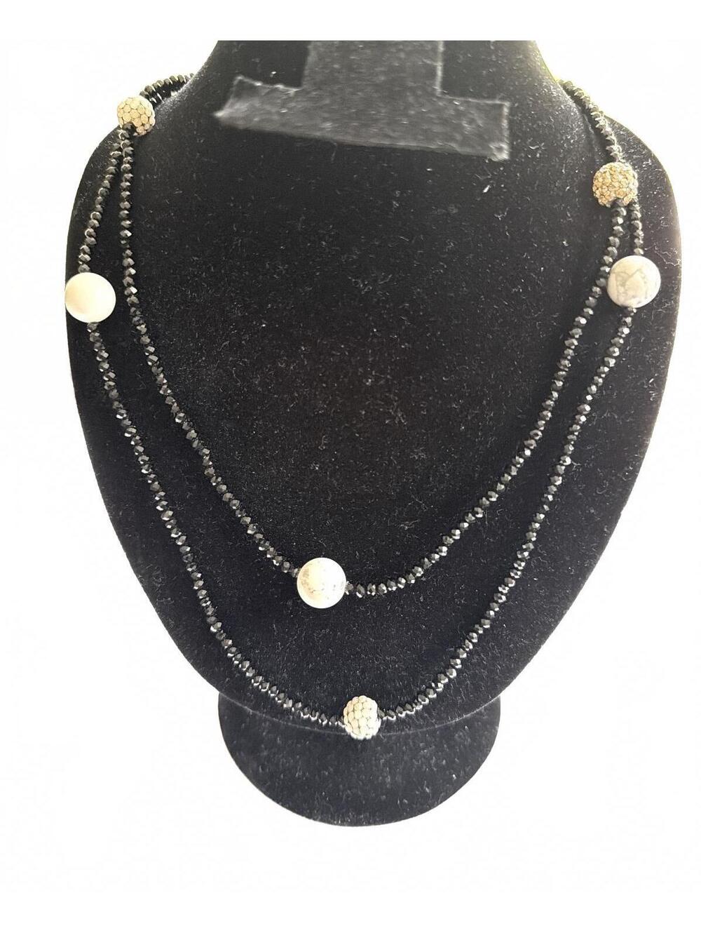 Natural Black Spinel and Howlite, Austrian Crystal Statement Strand Necklace NOS